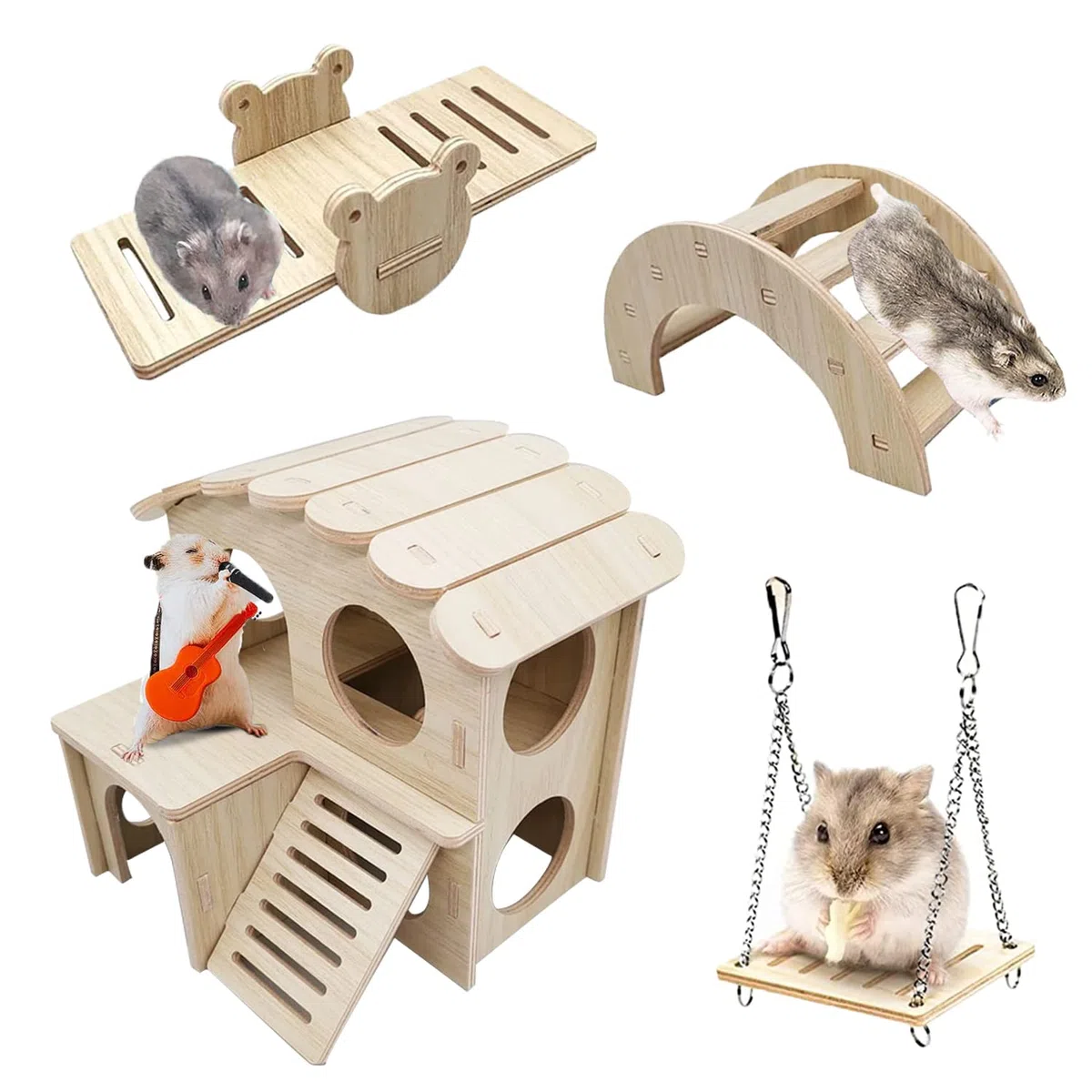 4 Pezzi Giochi per Criceti, Accessori Giochi Criceto in Legno, Casetta Criceto Due Piani Altalena e Ponte per Criceti, Porcellini d'India, Criceti Russi