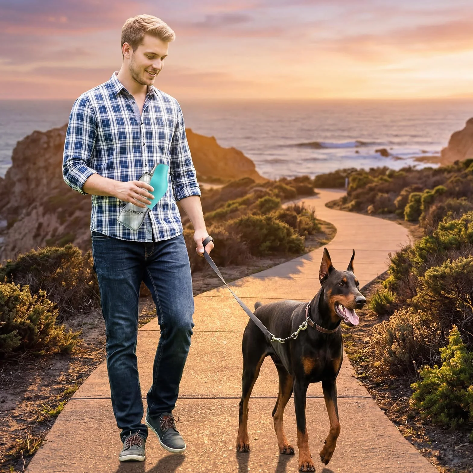 Borraccia Portatile per Cani da 800 ml - Senza BPA, con Ciotola Integrata, ideale per Passeggiate, Escursioni, Campeggio, Alpinismo e Viaggi (Blu)