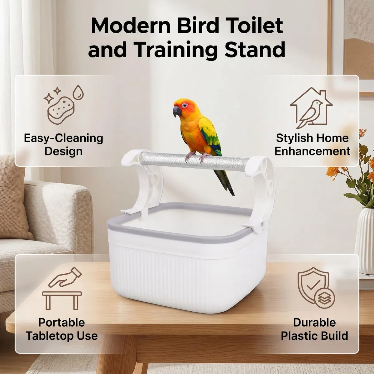 HEEPDD Porta WC per Uccelli in Plastica Bianca Stile Moderno, Portatile per Pappagalli, Strumento per Addestrare il Vasino da Tavolo, per Gabbia da Pavimento (WHITE)