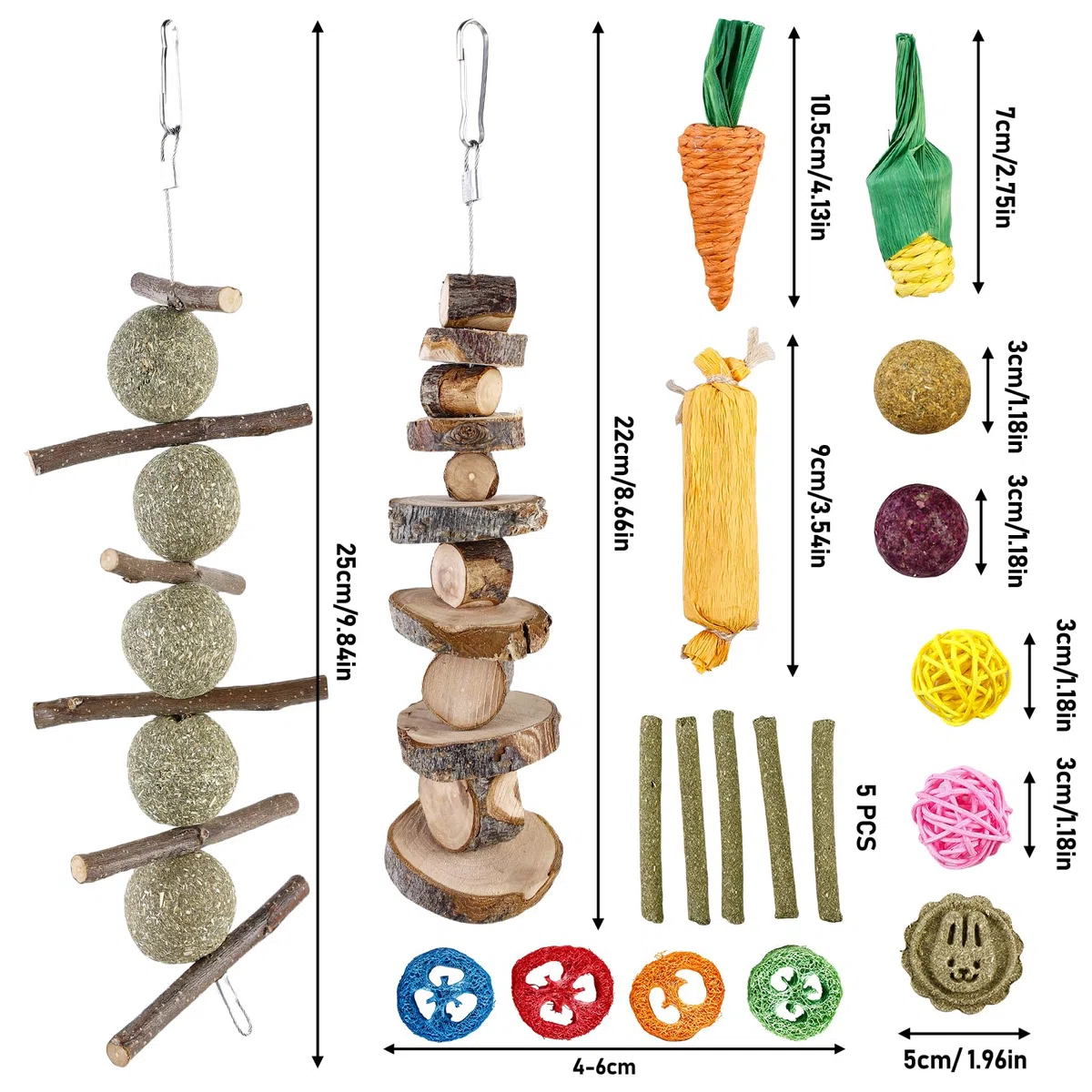 BAIFULAI 21 giocattoli da masticare per conigli, accessori con bastoncini di mela, bastoncini di fieno timothy, piccoli animali molari, cura dentale per criceti, porcellini d'India, pappagallo