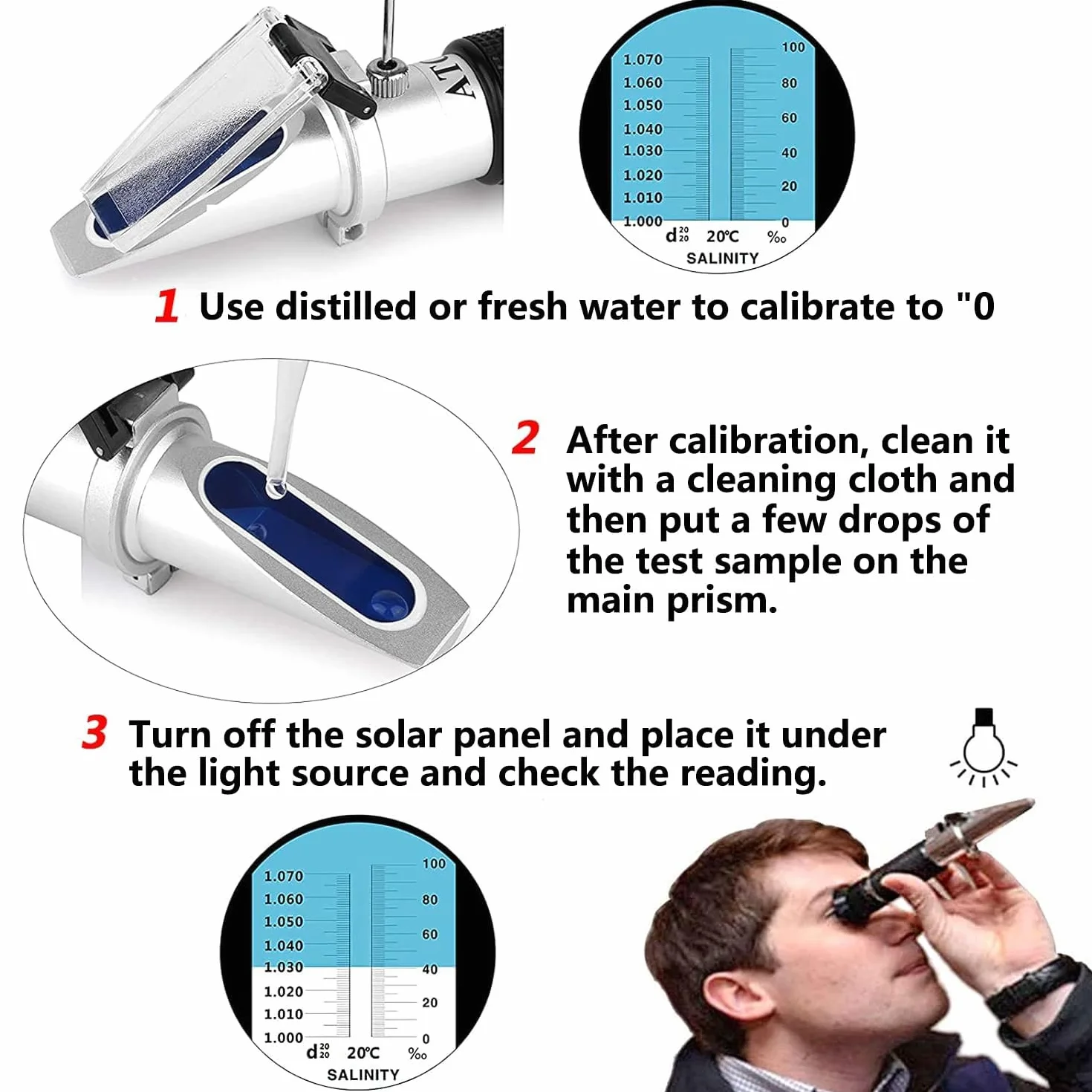 Rifrattometro per salinità, 0-100% portatile, doppia scala, con funzione ATC, rifrattometro digitale ad alta precisione, adatto per acquario, monitoraggio marino, test in acqua salata