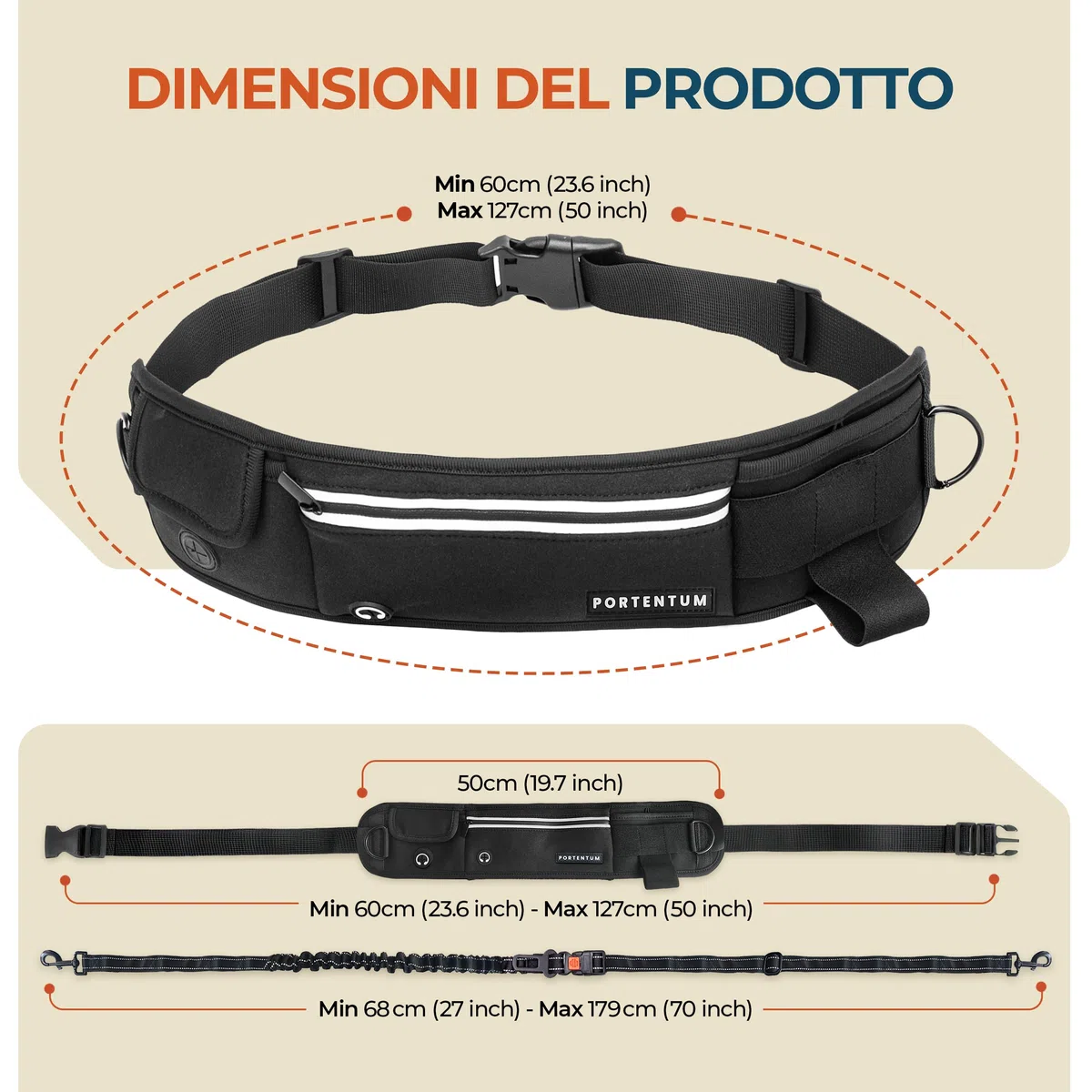 PORTENTUM Guinzaglio mani libere per cani con cintura regolabile 60–127 cm – Ideale per correre, camminare ed escursioni – Design antitrazione con tasche integrate e cuciture riflettenti – Nero