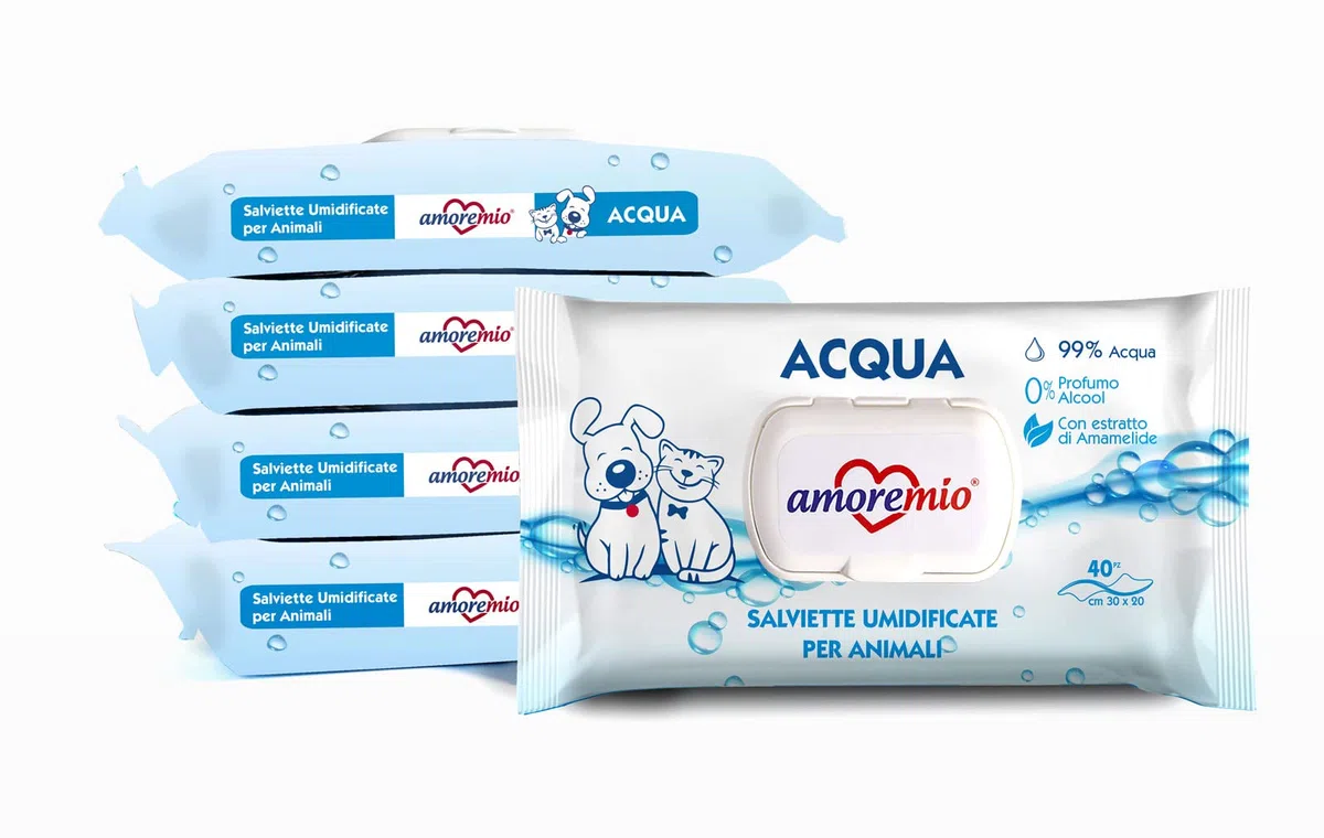 Amore Mio | 200 Salviette Acqua Extra Large per Il Manto di Cani, Gatti e Animali Domestici, Disinfettanti e Igienizzanti, 30x20 cm - 5 Confezioni da 40 Salviettine