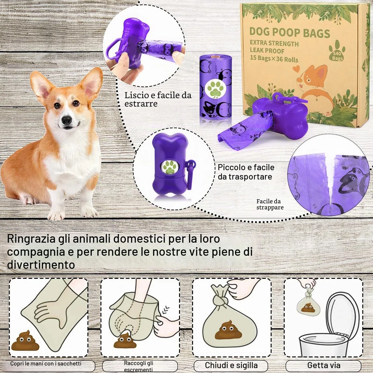 Amzeeniu Borsa raccogli Crotte, 540 sacchetti per espulsione cane, 36 rotoli per rifiuti cani, spessi e resistenti, facili da demolire sacchetti impermeabili