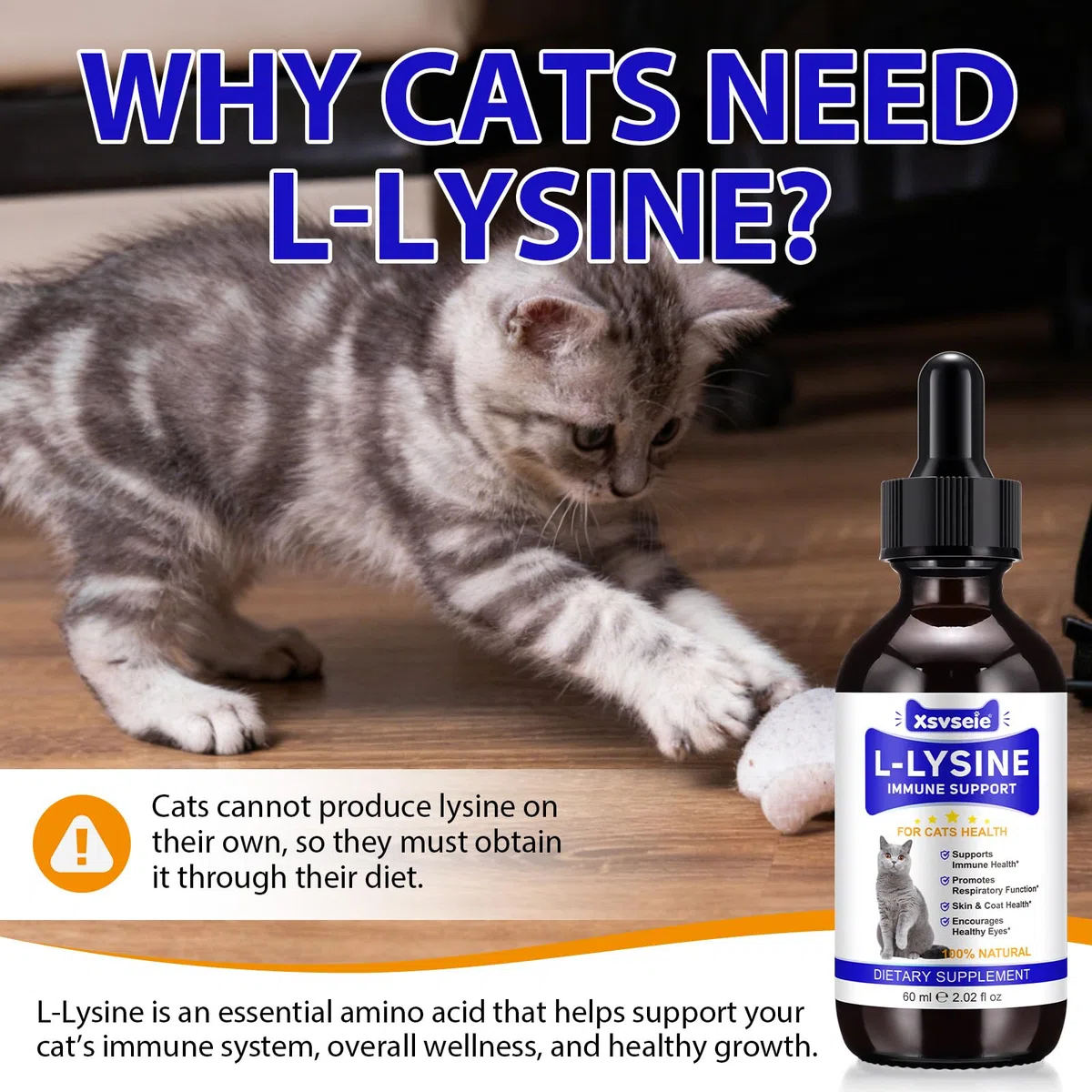 Gocce di L-Lisina per Gatti e Gattini | Rafforza il sistema immunitario & supporta la funzione respiratoria | Allevia Allergie, Coryza e Starnuti | 60ml - Gusto Pollo