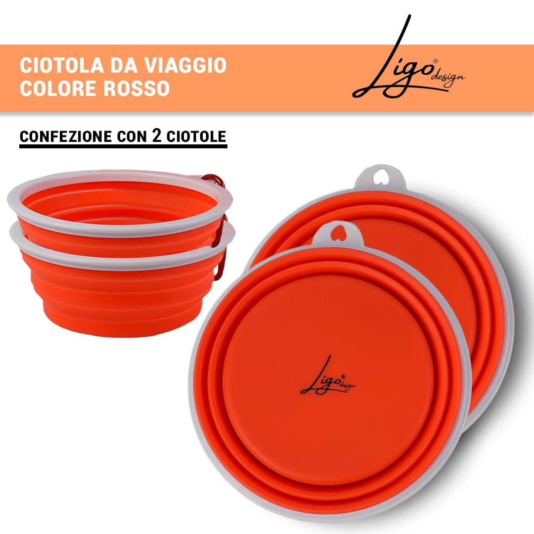 Ligo - Ciotola per Cani Pieghevole da Viaggio, Portatile, Regolabile, Rosso, 650 ml