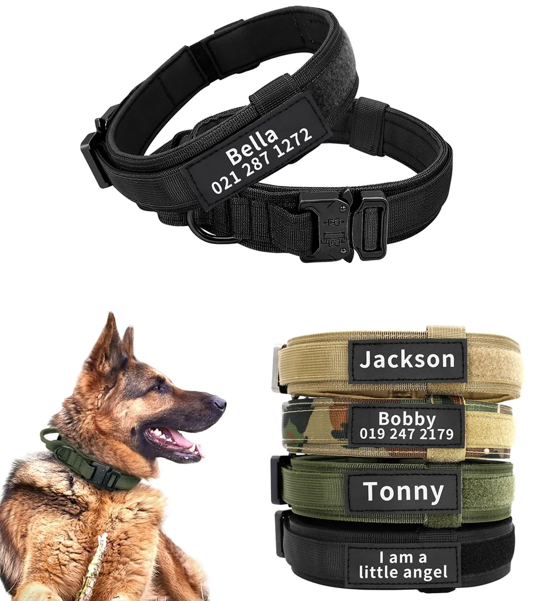 Collare tattico personalizzato per cani di taglia media e grande, collare militare personalizzato con nome e numero di telefono (stile A)