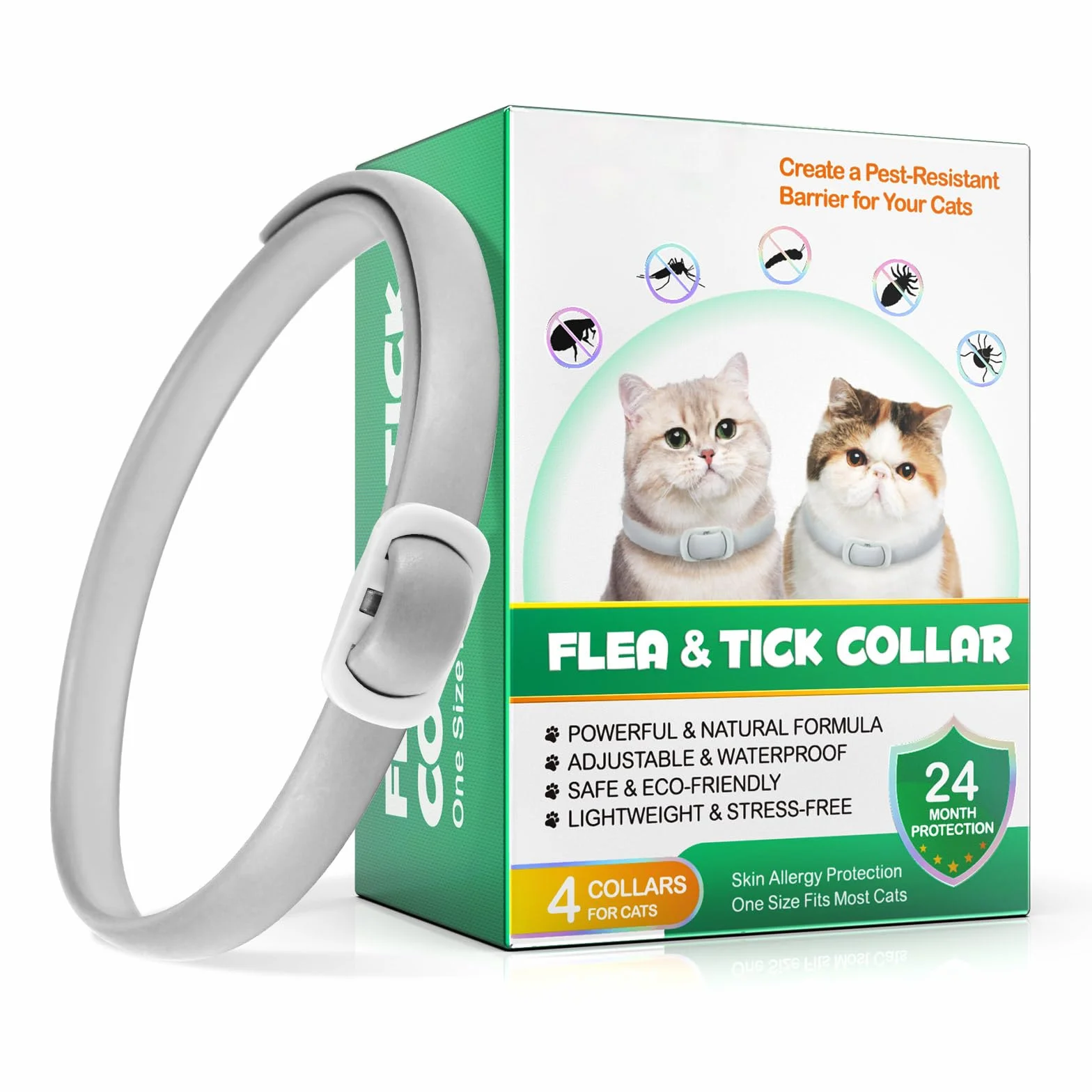 Collari Antiparassitari Per Gatti,Naturali Collare Antipulci e Zecche per Gatti,Collare Regolabile Impermeabile,Elimina pulci, zecche, pidocchi,4 * 6 Mesi di Efficacia Protezione