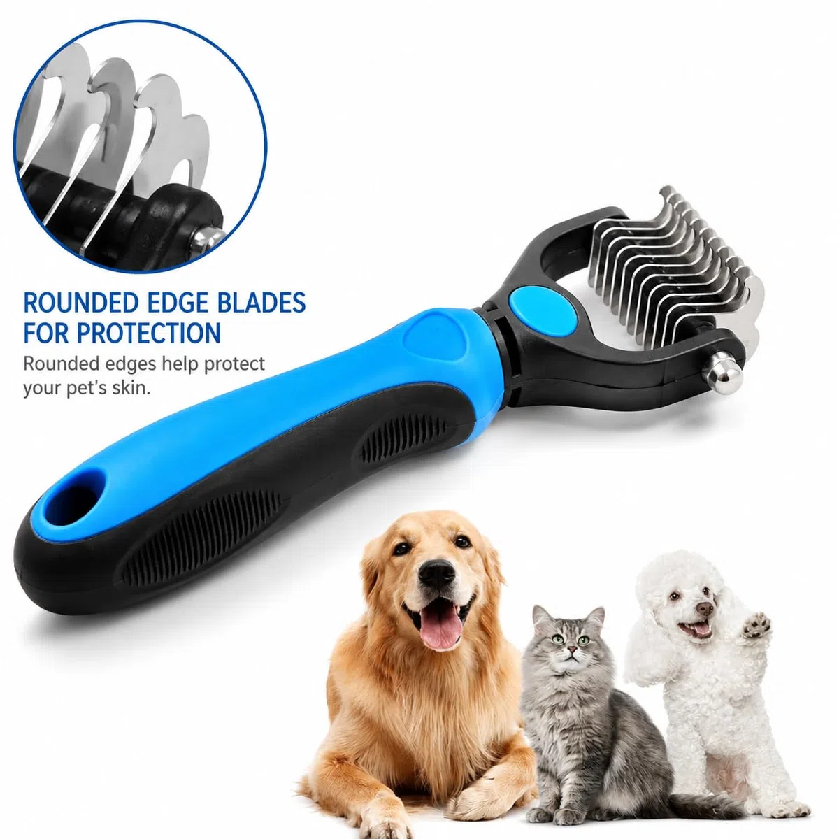 BeautyTrack Pettine sminuzzante per cani e gatti, rastrello e spazzole per cani di piccola e media taglia 11+6, lama a doppia faccia, rimuove nodi, sottopelo, tappetino per peli aggrovigliati (blu, M)
