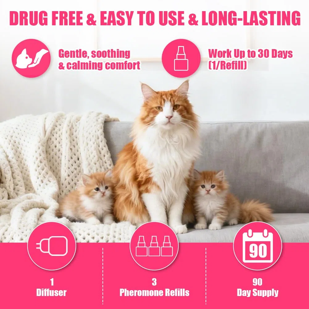 OSDUE Diffusore Feromoni per Gatti 4 in 1,3*30 Giorni Diffusore di Feromoni Calmanti per Gatti,con 1 Diffusores +3 Ricariche 48ml,Aiuta a risolvere i segni comuni di stress nei gattis,per Casa,Viaggi