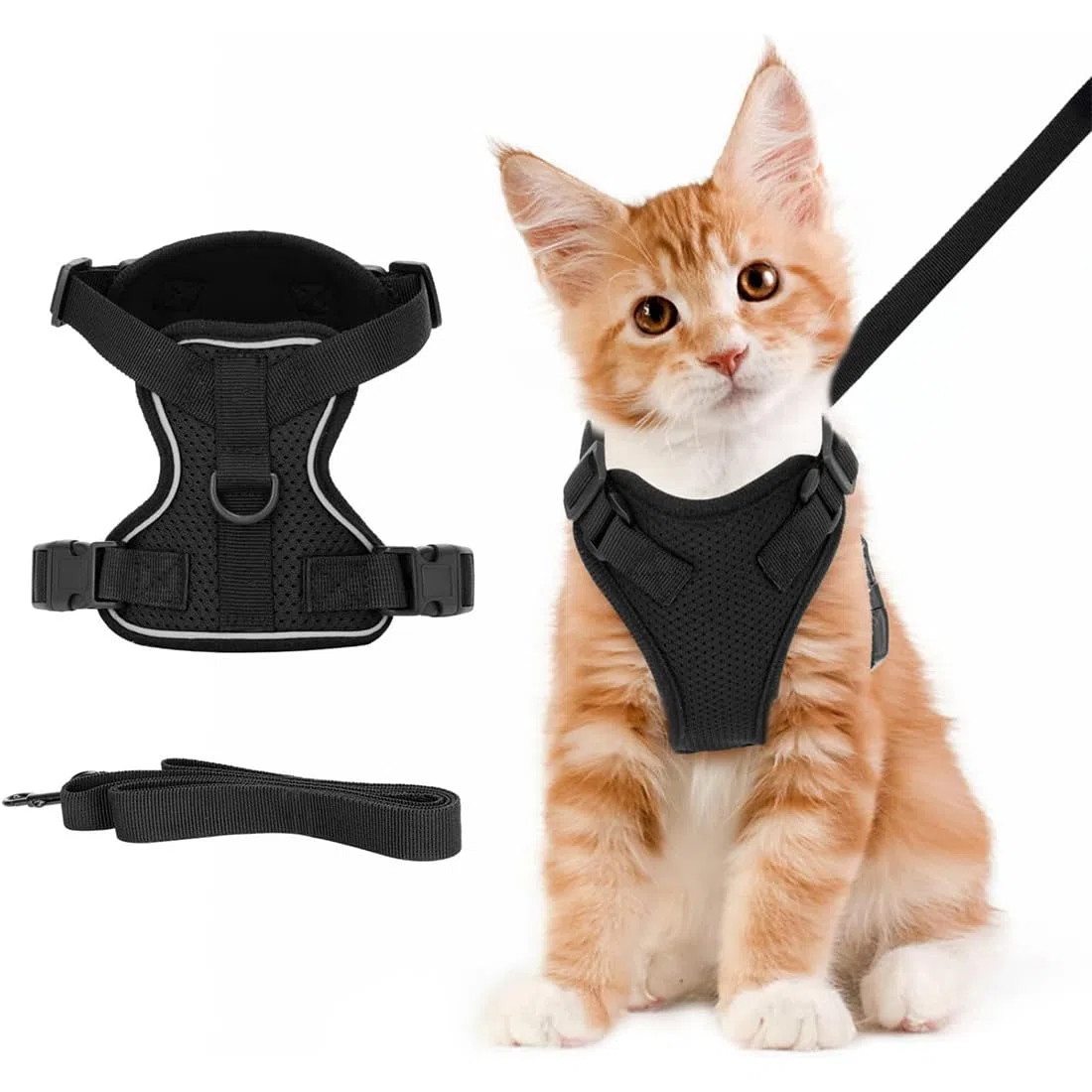 Pettorina Regolabile per Gatti e Cuccioli, Guinzaglio per Auto, Imbracatura per Cani Piccoli, Maglia Traspirante (XS, Nero)