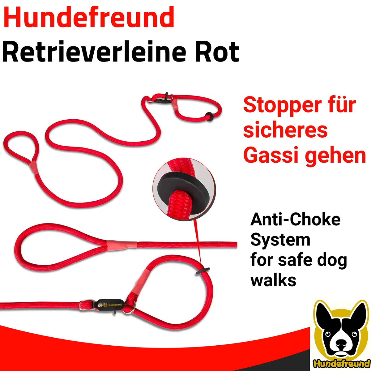 Guinzaglio Retriever | Guinzaglio e collare in un unico prodotto | 200 cm di guinzaglio e collare due in uno | Guinzaglio-collare rosso con anello per evitare costrizioni al collo di Hundefreund