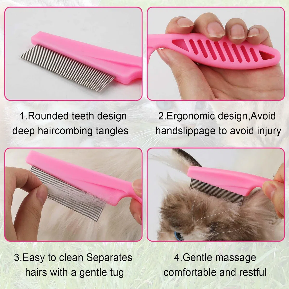 NQEUEPN 4pz Pettine Antipulci Cani Gatti, Denti Fini Pettine per Pidocchi Rimozione Macchie Lacrime Plastica Acciaio Inossidabile Pulizia Magica Peli Domestici Strumenti Toelettatura Spazzola(Rosa)
