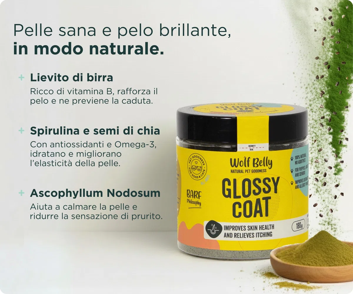 Wolf Belly - Probiotici Dermatite Cane 100% Naturale (180 g) con Lievito di Birra, Spirulina e Alga Ascophyllum | Meno Prurito e Caduta | Pelo Forte e Brillante | Polvere - Prodotto in Europa