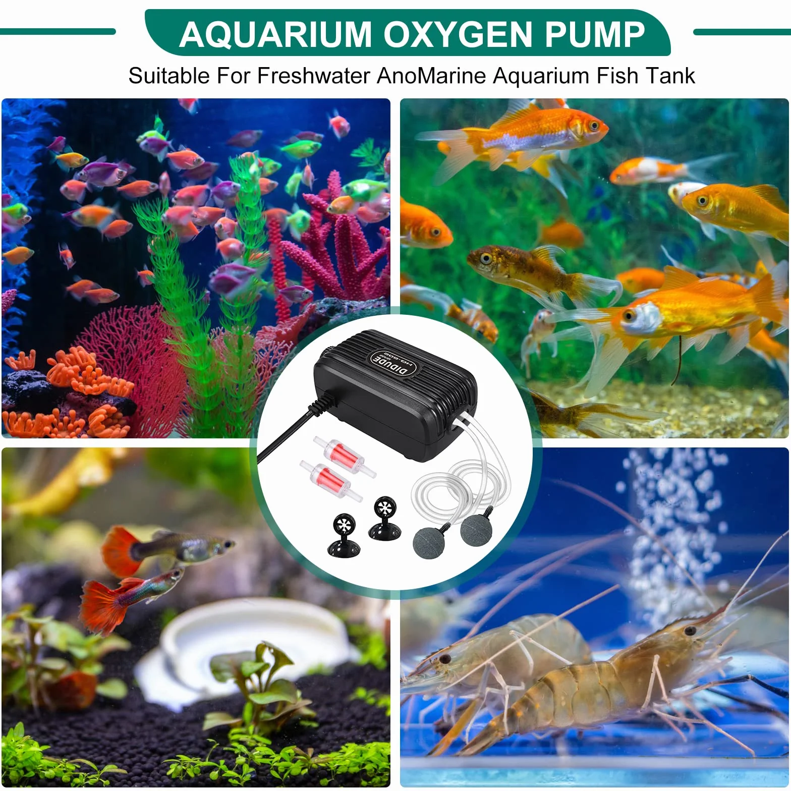 DIDUDE Ossigenatore per Acquario,20-40dB Areatore Acquario Ultra-Silenziosa,Acquari Potente a Doppia Uscita kit Pompa di Ossigeno con 2 Pietre a Bolle e 2 Valvole di Ritegno per Acquario da 10-300L