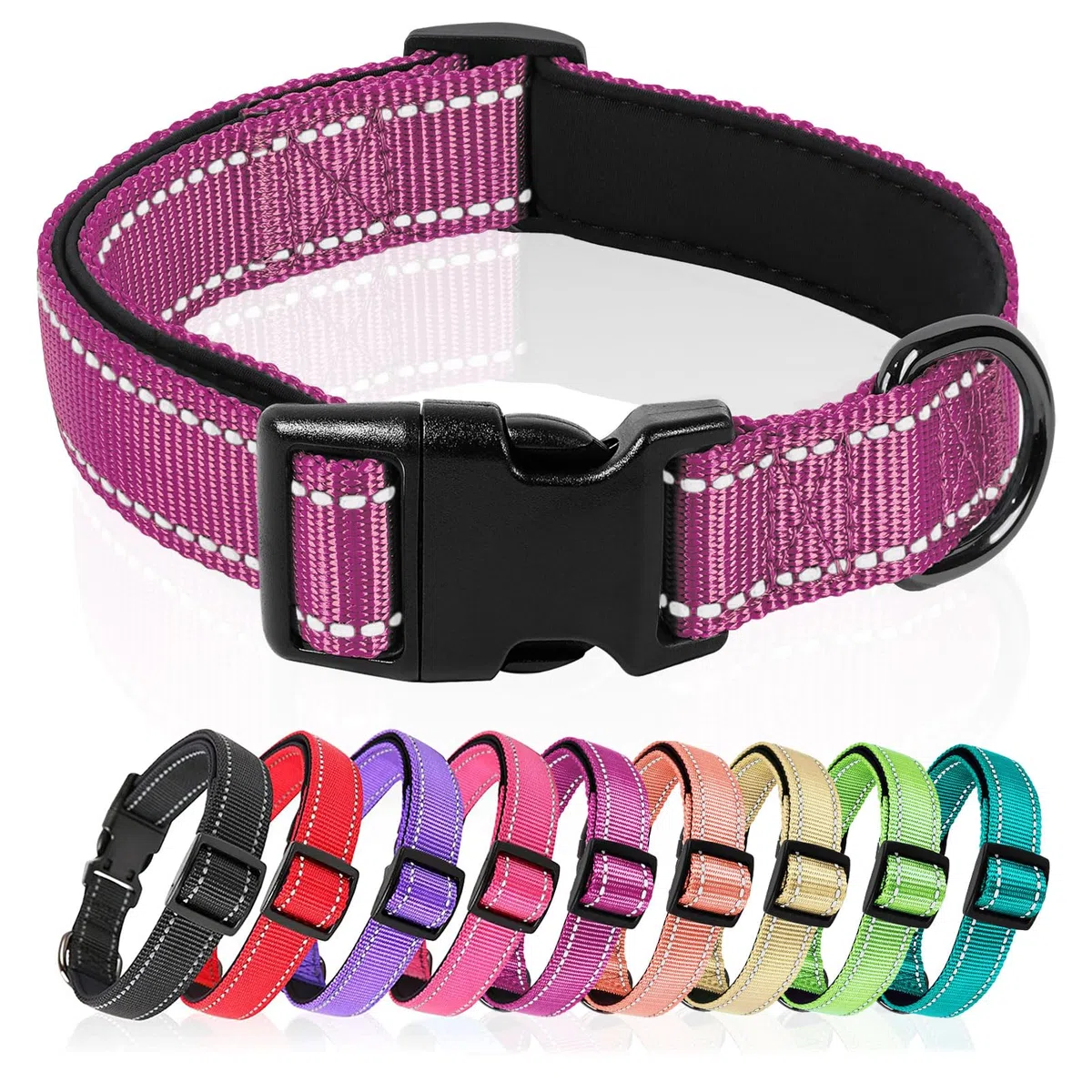 HEELE Collare per Cani, Collare Cane Riflettente Imbottito Nylon Regolabile Traspirante Collari per Cani di Taglia Media, Magenta, M(34-52cm)
