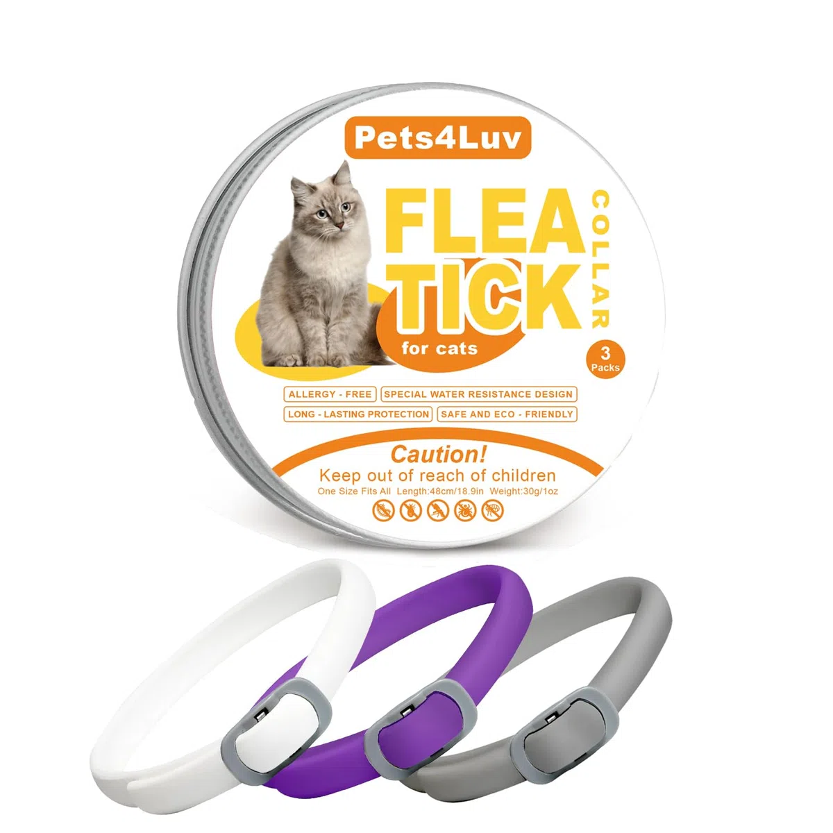 Collare antipulci e zecche per gatti con oli essenziali naturali Fino a 8 mesi di protezione a lungo termine Impermeabile e regolabile fino a 48cm Confezione da 3