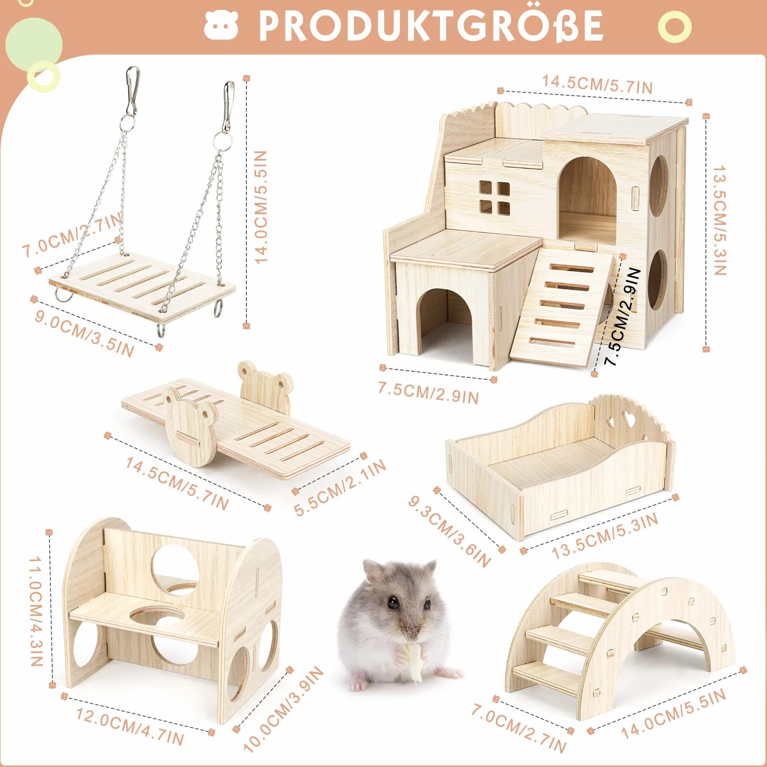 6 pezzi giocattoli per criceti fai da te in legno, nascondiglio per casa, giocattoli da masticare, accessori, porcellini d'India, cincillà, gerbilli, criceti nani