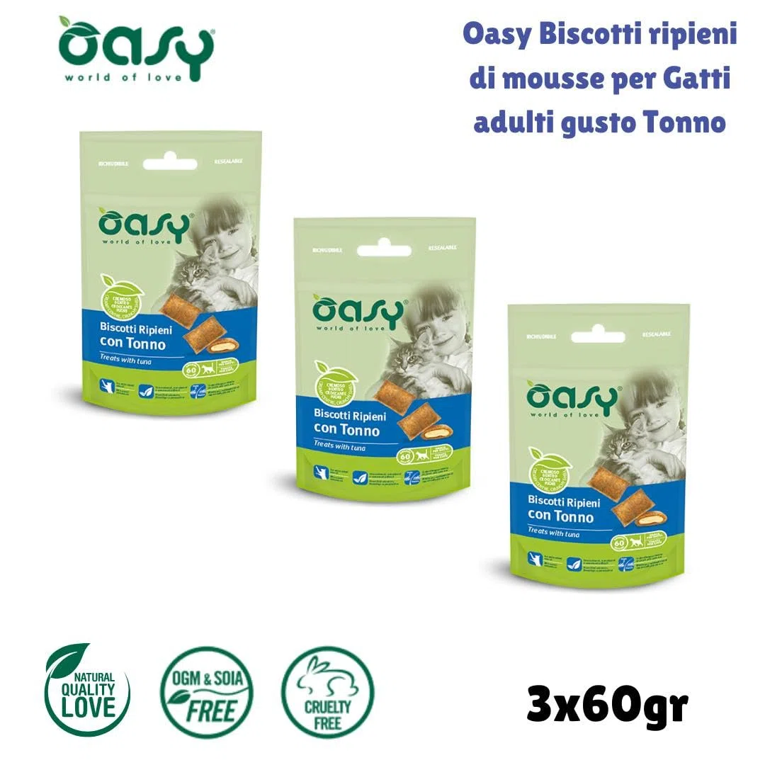 Oasy Snack Gatto, oasy biscotti ripieni di mousse per gatti adulti di tutte le taglie gusto Tonno | 3 confezioni da 60 grammi l’una.