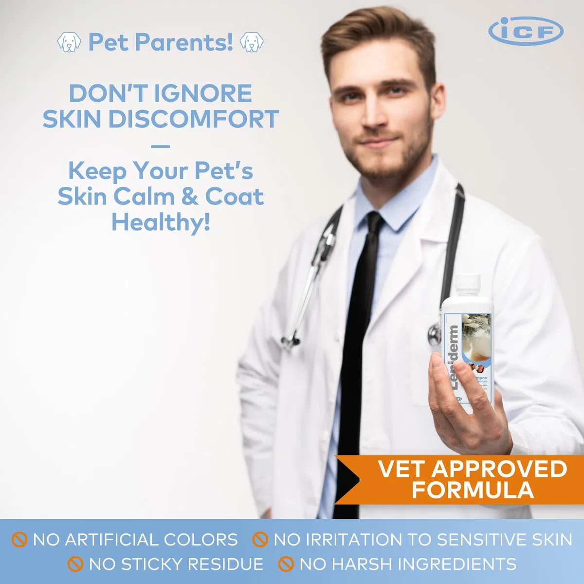 ICF | Leniderm | Shampoo per cani e gatti con infuso di avena | Cura lenitiva per la pelle pruriginosa o sensibile | Arricchito con avena idrolizzata, olio di cartamo, betaina, lanolina | 250 ml
