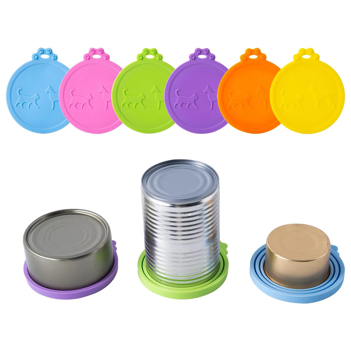SLSON Coperchi Universali per Lattine di Cibo per Animali, Set di 6, con Cucchiaio in Acciaio Inox, Coperchi in Silicone per Animali Domestici