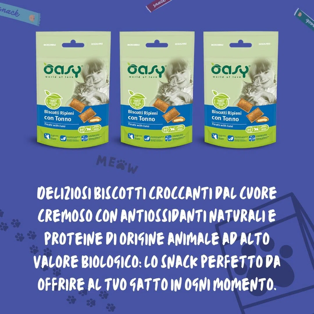 Oasy Snack Gatto, oasy biscotti ripieni di mousse per gatti adulti di tutte le taglie gusto Tonno | 3 confezioni da 60 grammi l’una.