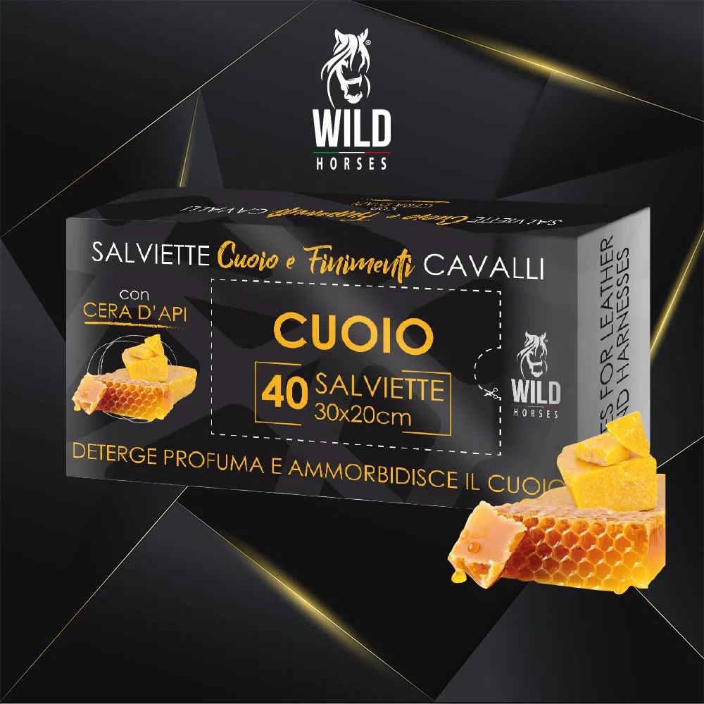 Wild Horses | Salviette Cuoio & Finimenti con Cera d'Api e Glicerina, Salviette Pronte all'Uso Imbevute con Cera d’Api, Lucida, Ravviva e Profuma il Cuoio, 40 Pz