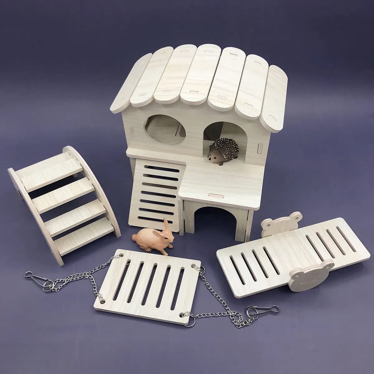 4 Pezzi Giochi per Criceti, Accessori Giochi Criceto in Legno, Casetta Criceto Due Piani Altalena e Ponte per Criceti, Porcellini d'India, Criceti Russi