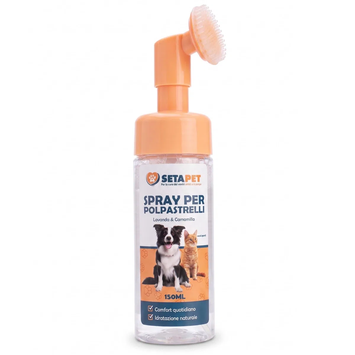 Spray per Polpastrelli Cani e Gatti con Spazzola in Silicone Integrata, Schiuma Detergente e Idratante Senza Risciacquo con Lavanda e Camomilla, Cura delle Zampe 150ml