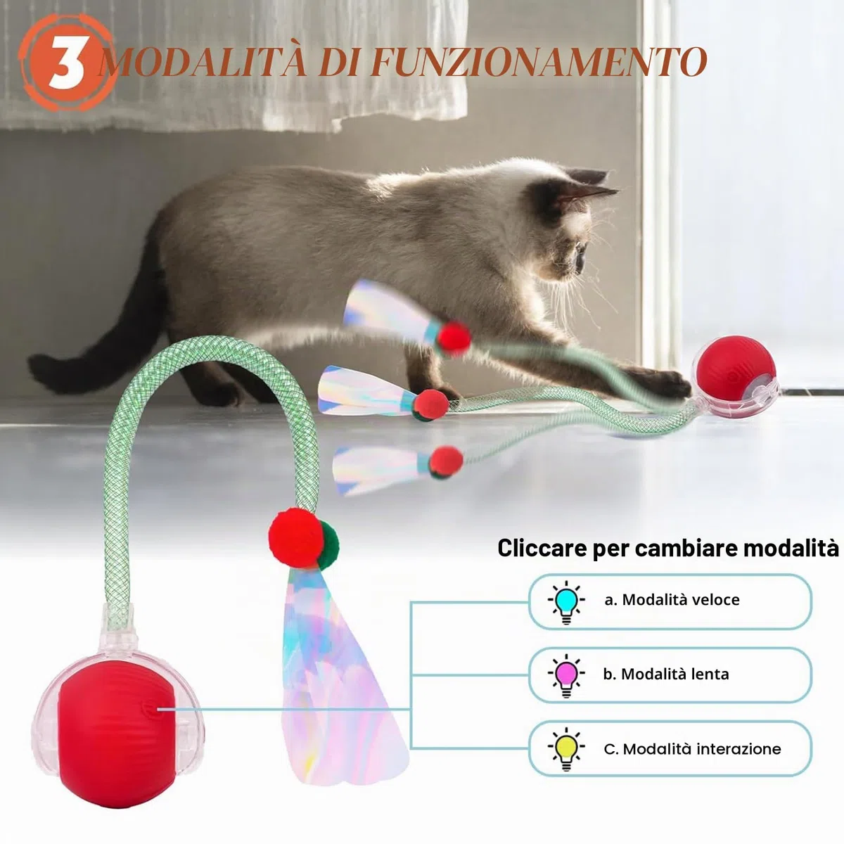 Giocattolo Intelligente per Gatti: Palla Interattiva Ricaricabile con Piuma – Stimola l’Istinto di Caccia, 3 Modalità & Movimenti Imprevedibili per Gatti Domestici
