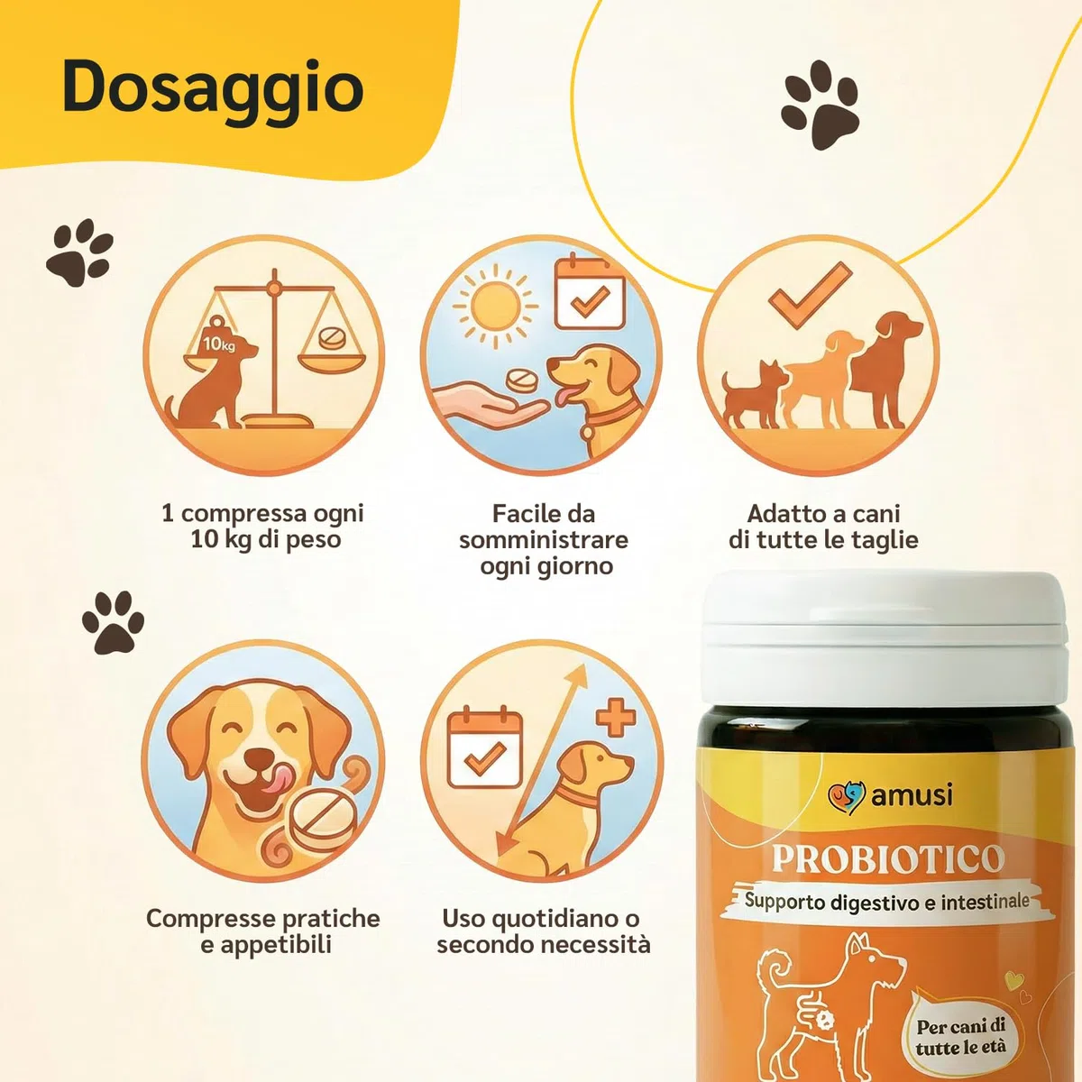 amusi Probiotici per Cani 30 Compresse con Fermenti Lattici Probiotici e Inulina – Mangime Complementare - Supporto per Intestino e Flora Intestinale, Aiuta la Digestione e l’Equilibrio intestinale
