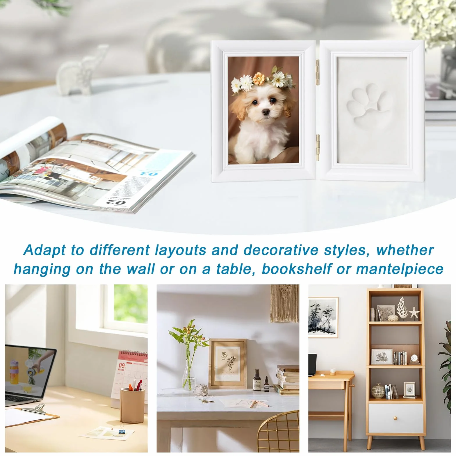 Sporgo Set di impronte di zampe per cani e gatto: cornice 3D con foto e impronte di zampa, set con supporto, cornice in legno per cani o proprietari di gatti