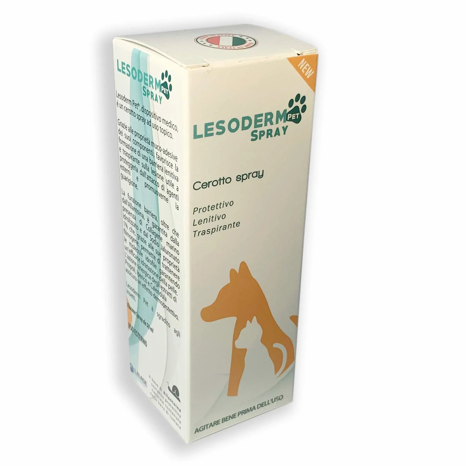 Lesoderm Pet Spray cicatrizzante per animali 50 ml - Cerotto spray protettivo per escoriazioni e ferite superficiali di cani, gatti, animali domestici e da cortile