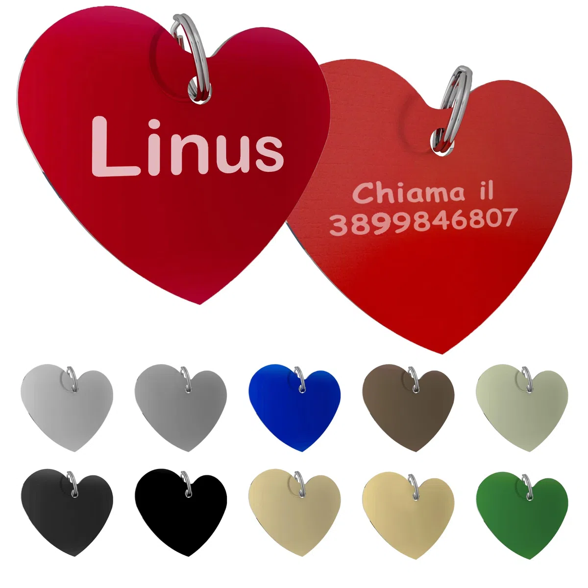 Medaglietta per Cani e Gatti a Forma di Cuore in Alluminio anodizzato con Incisione Personalizzata Gratuita su Entrambi i Lati + anellino Gratis