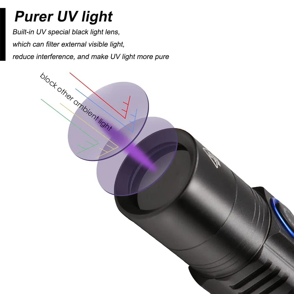 Torcia UV per polimerizzazione della resina, rilevamento delle urine dell'animale domestico, rocce incandescenti, cimici dei letti, minerali, ricaricabile da 365 nm, impermeabile