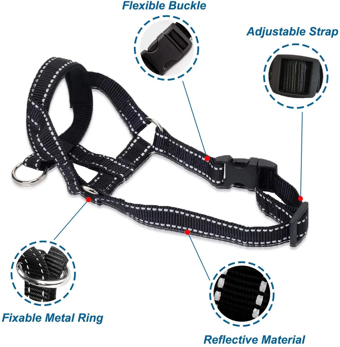 ILEPARK Collare per Testa di Cane con Cintura Riflettente, Cavezza da Testa per Cane, Regolabile E Facilmente Controllabile. (M,Nero)