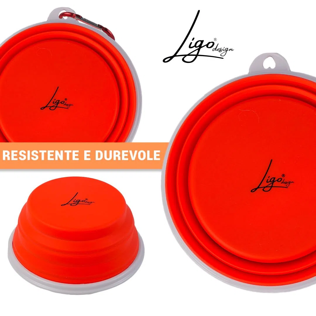 Ligo - Ciotola per Cani Pieghevole da Viaggio, Portatile, Regolabile, Rosso, 650 ml