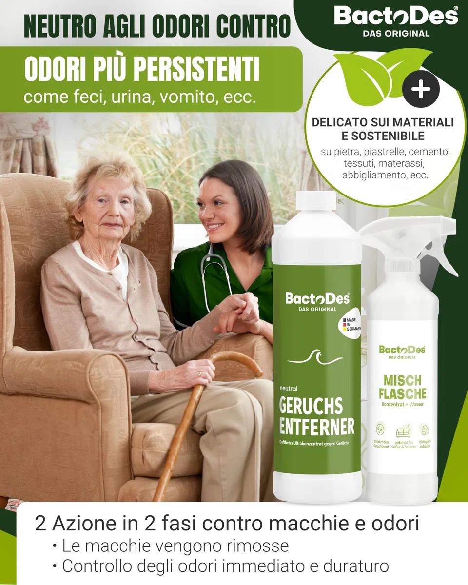 BactoDes Neutral Geruchsneutralisierer 1L I Geruchloser Enzymreiniger mit biologischer Mikrobenkraft & Tiefenwirkung inkl. Spray-Mischflasche I Effektiver Geruchsentferner für Haus, Auto & Textilien