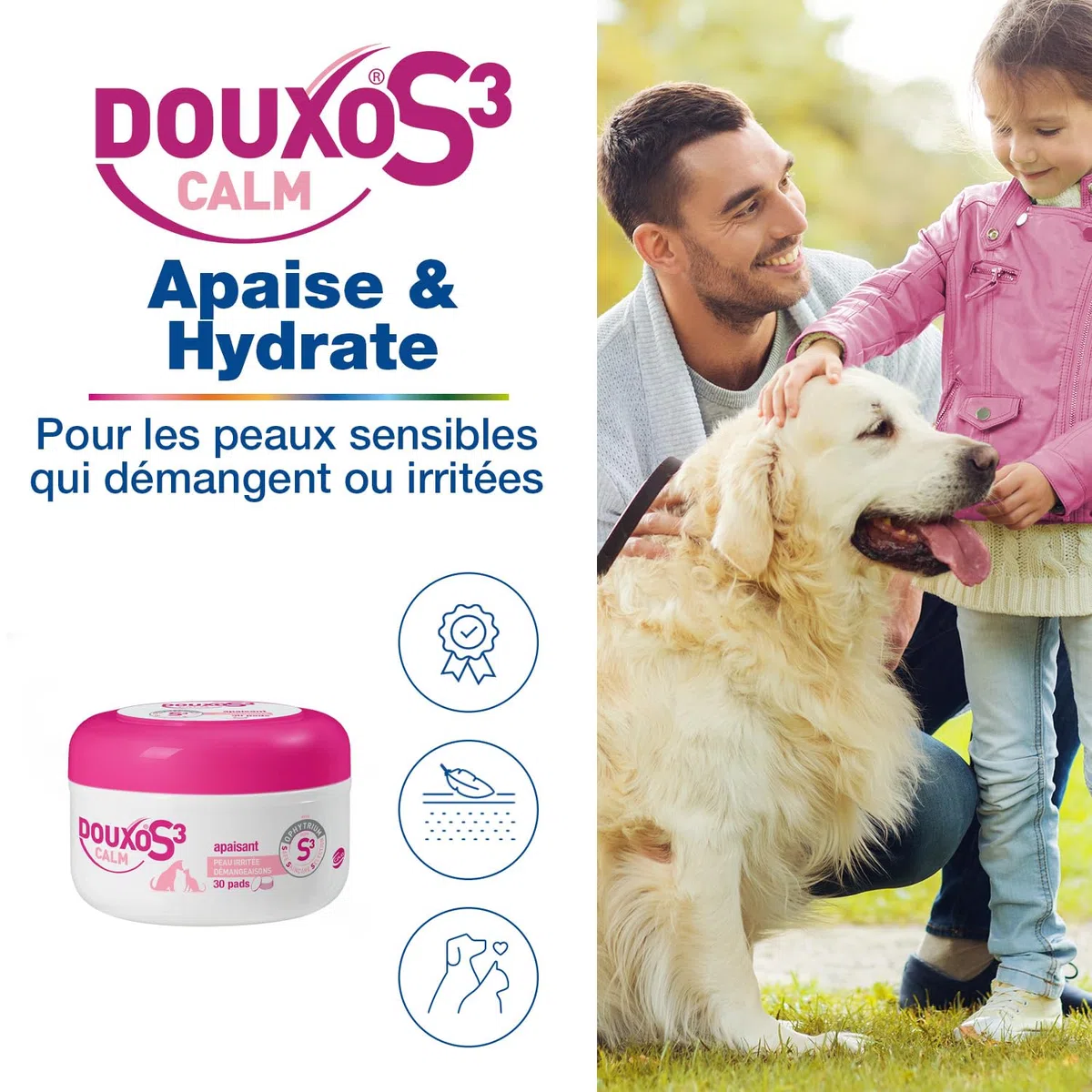 Douxo S3 Calm Pads, 30 Cotoni impregnati di un trattamento lenitivo per cani e gatti con allergie, prurito o arrossamento