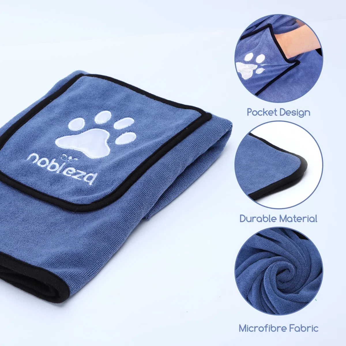 Nobleza Asciugamano da Bagno per Cani e Gatti in Microfibra Ultra Assorbente, Asciugatura Rapida, Morbido e Lavabile per Tutte Le Taglie, 106 x 66 cm, Blu