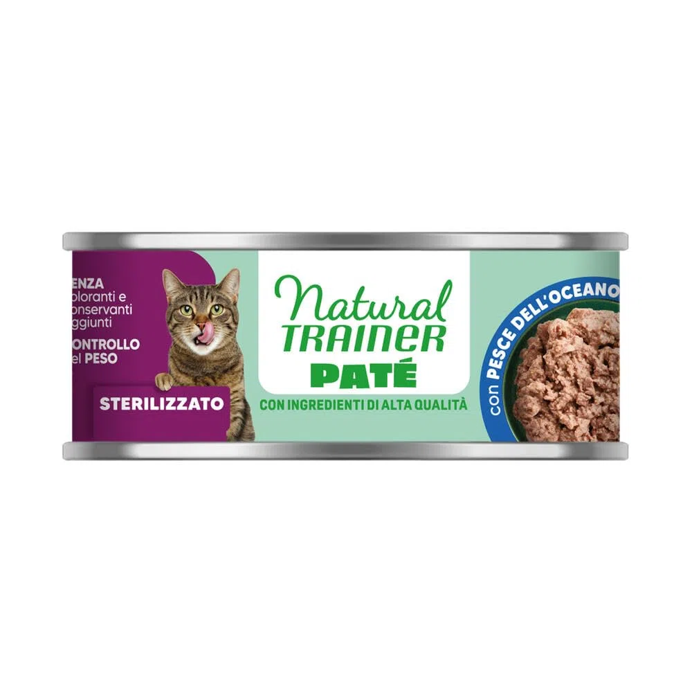 Natural Trainer Adult Sterilized Cibo umido per gatti adulti sterilizzati - Paté di Pesce dell'Oceano - 18 lattine da 85g