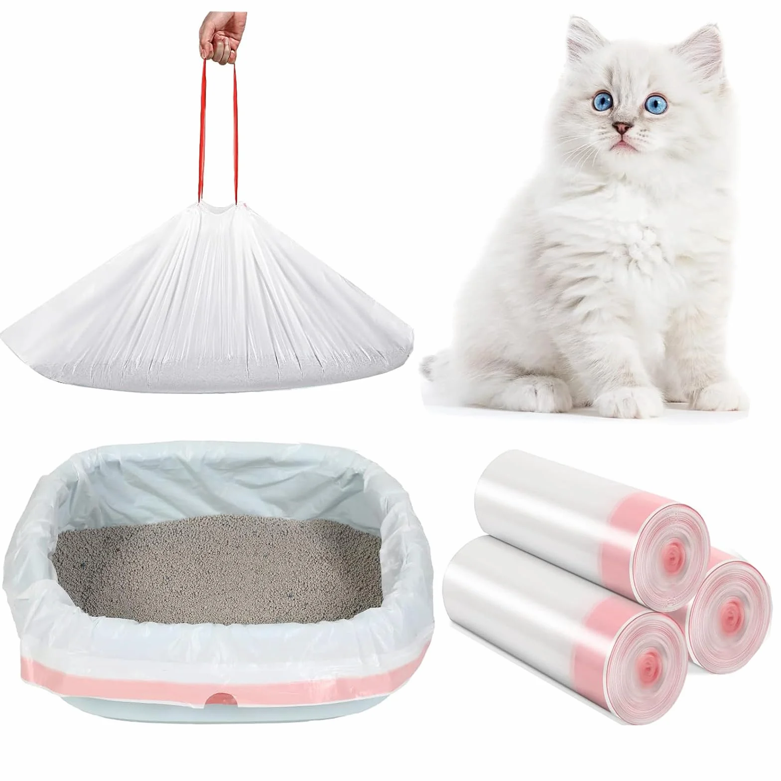 30 pz Sacchetti Lettiera Gatto XXL (115x45cm) con Cordoncino - Extra Resistenti, Antigraffio, Adatti a Lettiere Chiuse/Aperte - LDPE 10kg