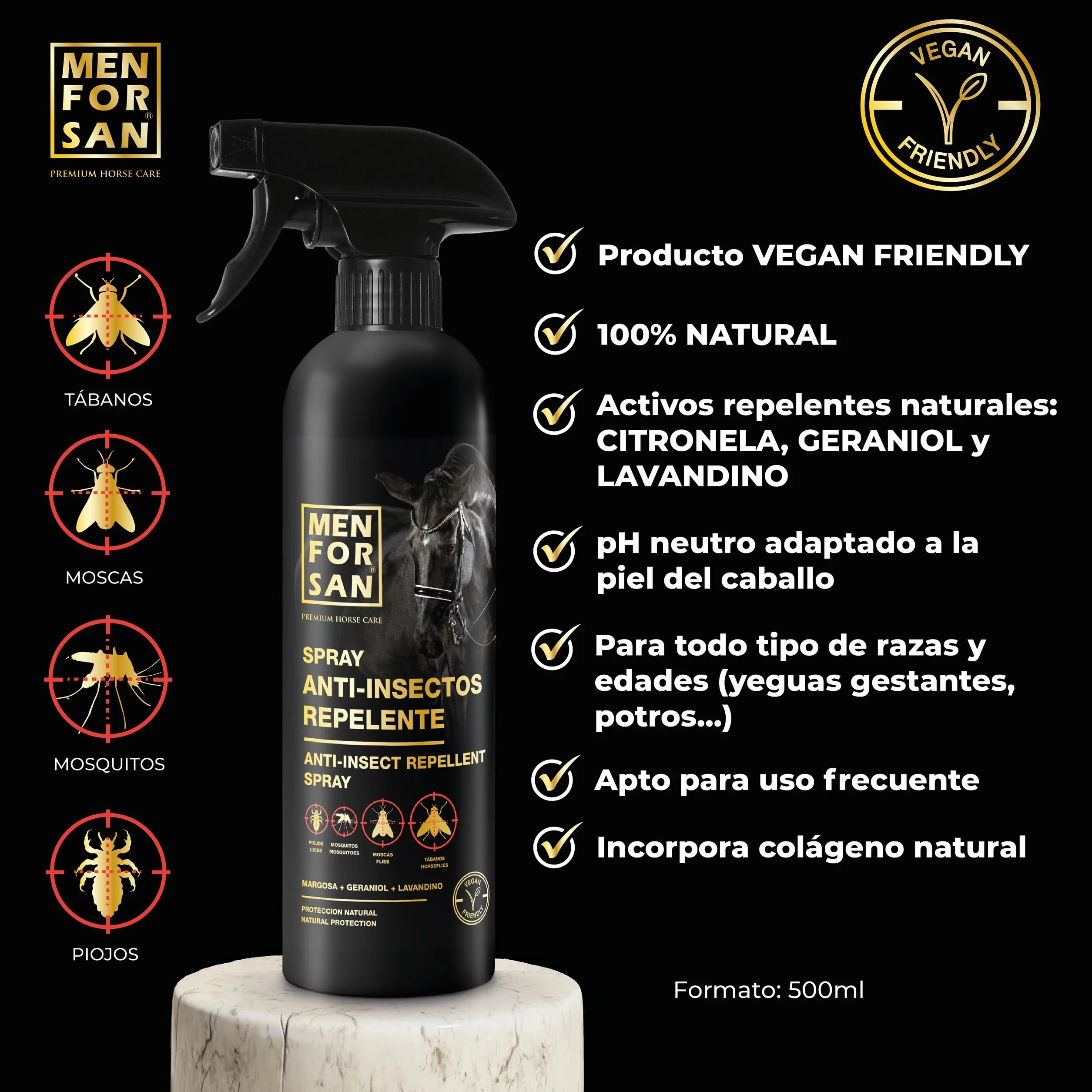MENFORSAN Spray repellente per insetti, 500ml | Con margosa, geraniolo e lavandina | BIO, 100% naturale | CURA DEL CAVALLO PREMIUM
