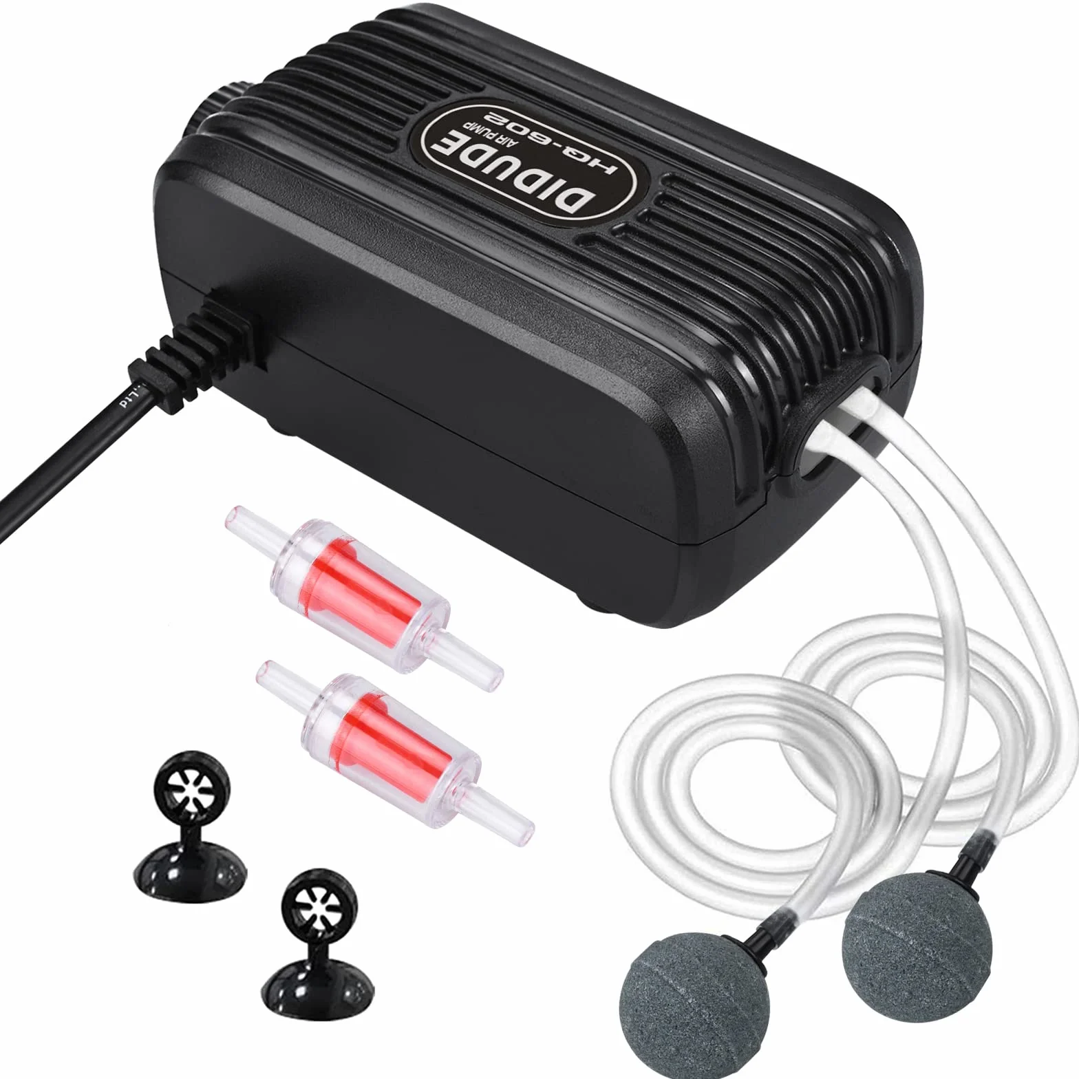 DIDUDE Ossigenatore per Acquario,20-40dB Areatore Acquario Ultra-Silenziosa,Acquari Potente a Doppia Uscita kit Pompa di Ossigeno con 2 Pietre a Bolle e 2 Valvole di Ritegno per Acquario da 10-300L