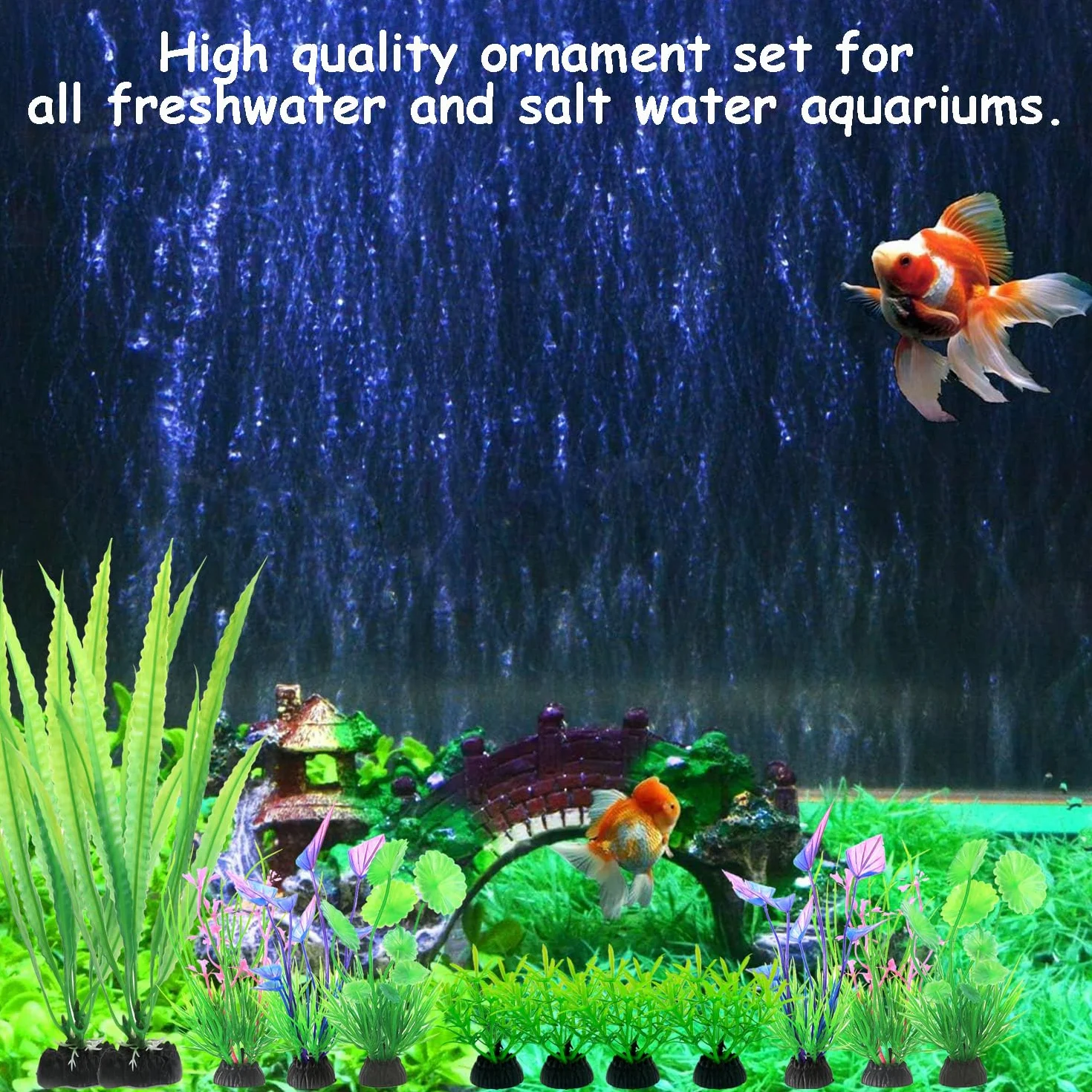 Kit 13 Pezzi Piante Artificiali per Acquario - Ornamenti Decorativi con Ponte in Poly Resina per Fish Tank