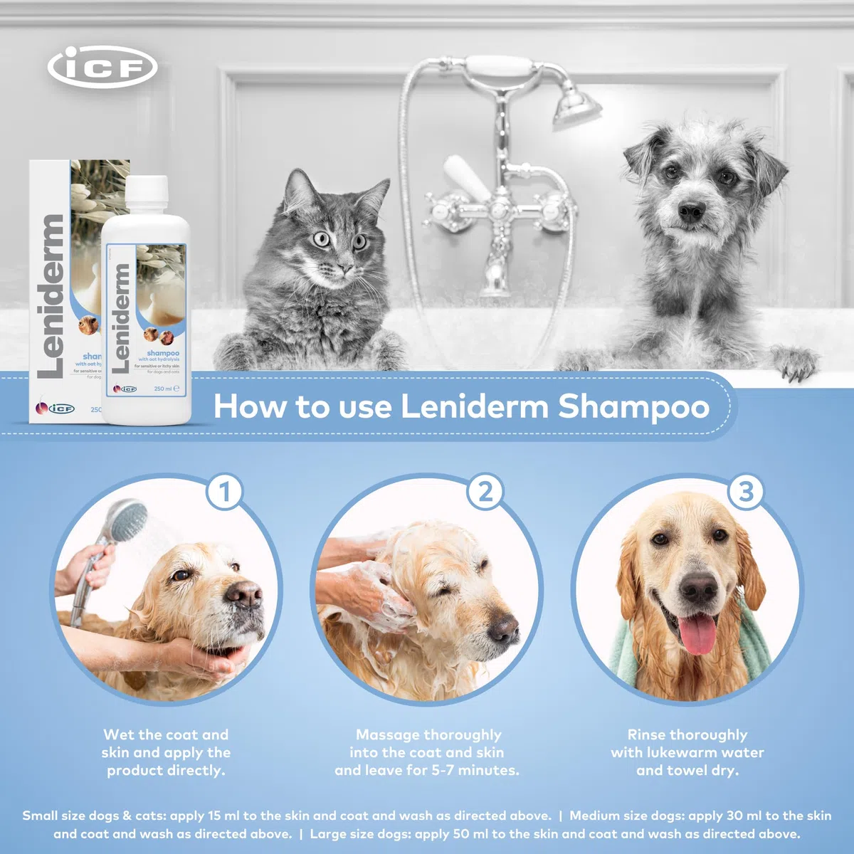 ICF | Leniderm | Shampoo per cani e gatti con infuso di avena | Cura lenitiva per la pelle pruriginosa o sensibile | Arricchito con avena idrolizzata, olio di cartamo, betaina, lanolina | 250 ml