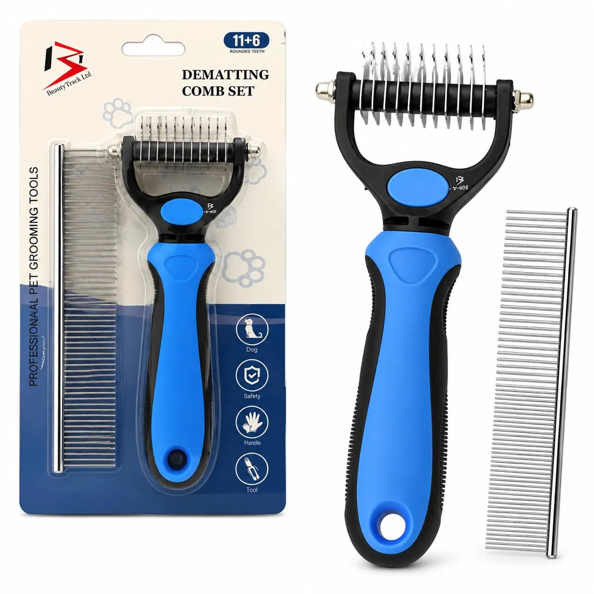 BeautyTrack Pettine sminuzzante per cani e gatti, rastrello e spazzole per cani di piccola e media taglia 11+6, lama a doppia faccia, rimuove nodi, sottopelo, tappetino per peli aggrovigliati (blu, M)