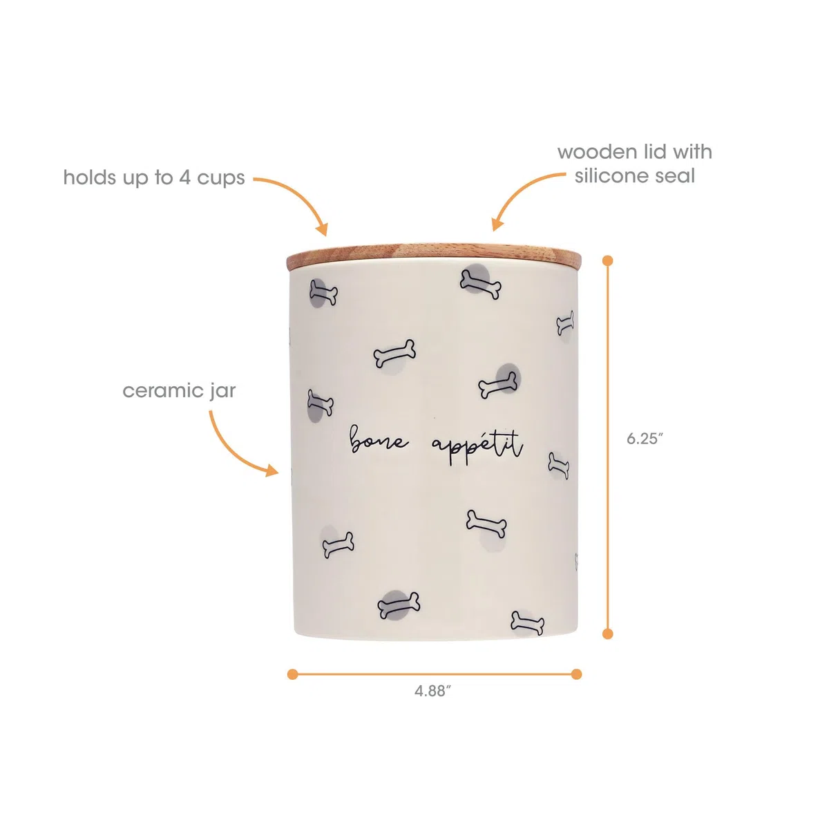 Pearhead Bone Appetite - Barattolo in ceramica e legno per animali domestici, moderno colore neutro, accessorio per la cucina della casa, lavabile in lavastoviglie, coperchio con guarnizione in