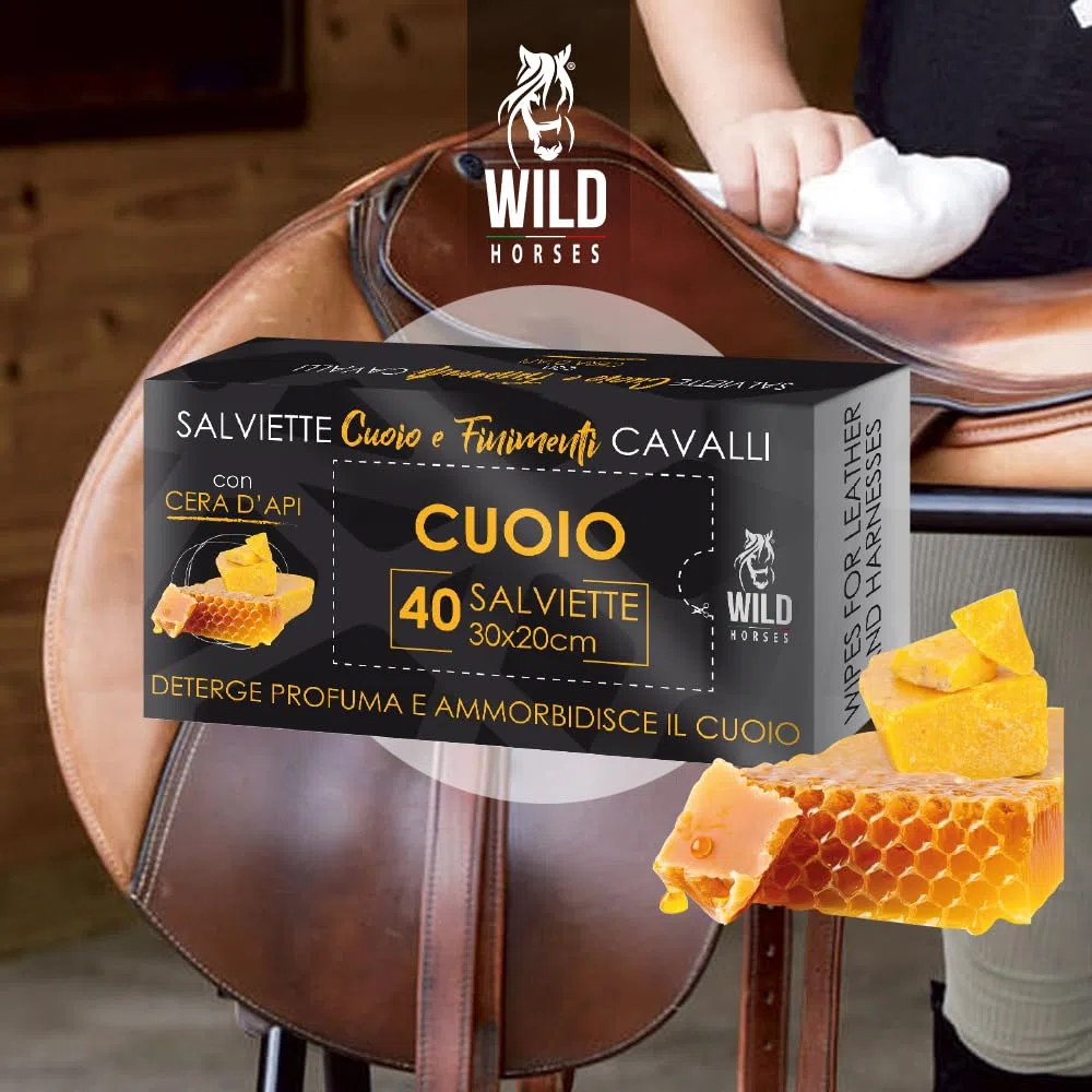 Wild Horses | Salviette Cuoio & Finimenti con Cera d'Api e Glicerina, Salviette Pronte all'Uso Imbevute con Cera d’Api, Lucida, Ravviva e Profuma il Cuoio, 40 Pz