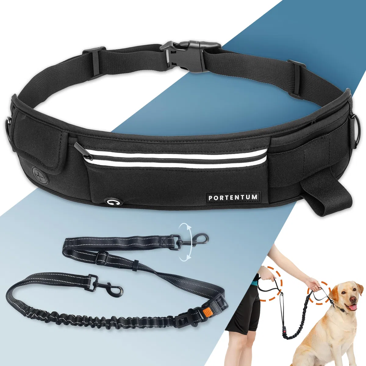 PORTENTUM Guinzaglio mani libere per cani con cintura regolabile 60–127 cm – Ideale per correre, camminare ed escursioni – Design antitrazione con tasche integrate e cuciture riflettenti – Nero